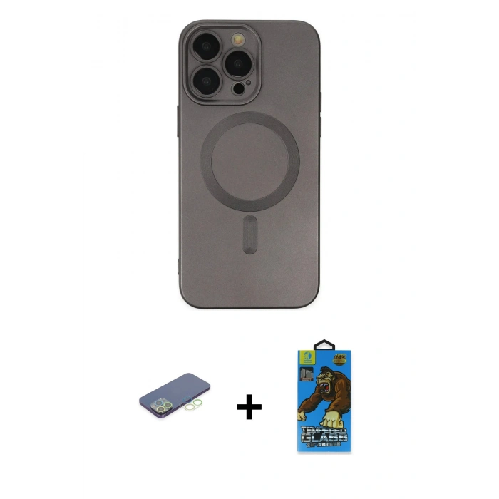 MARSİLYAN™- iPhone 13 Pro Max Kılıf Akış Minimal Özel Seri - Siyah 18D Cam Ekran Koruyucu + Renkli Kamera Lens Koruma Cam - YL