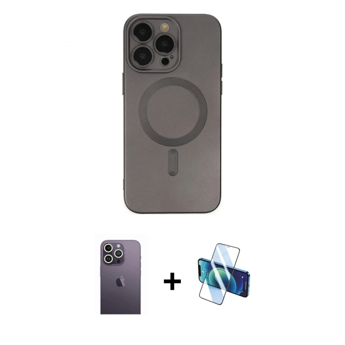 MARSİLYAN™- iPhone 13 Pro Max Kılıf Akış Minimal Özel Seri - Siyah 3D Antistatik Cam Ekran Koruyucu + Neon Fosforlu Kamera Lens - BZ