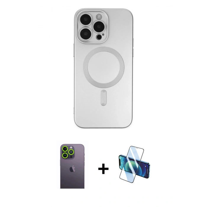 MARSİLYAN™- iPhone 13 Pro Max Kılıf Akış Minimal Özel Seri - Siyah 3D Antistatik Cam Ekran Koruyucu + Neon Fosforlu Kamera Lens - YL