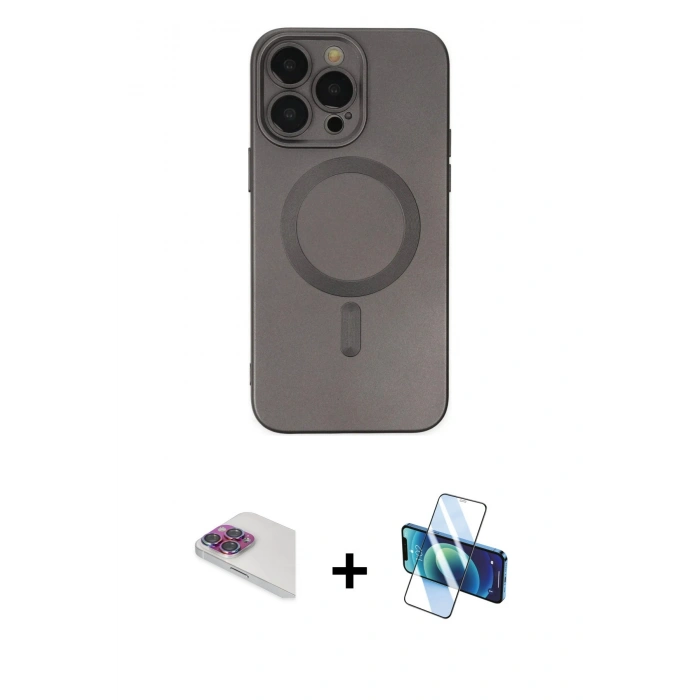 MARSİLYAN™- iPhone 13 Pro Max Kılıf Akış Minimal Özel Seri - Siyah 3D Antistatik Cam Ekran Koruyucu + Pers Alüminyum Kamera Lens - GI