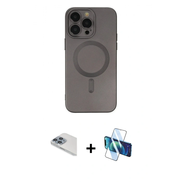 MARSİLYAN™- iPhone 13 Pro Max Kılıf Akış Minimal Özel Seri - Siyah 3D Antistatik Cam Ekran Koruyucu + Pers Alüminyum Kamera Lens - SABE