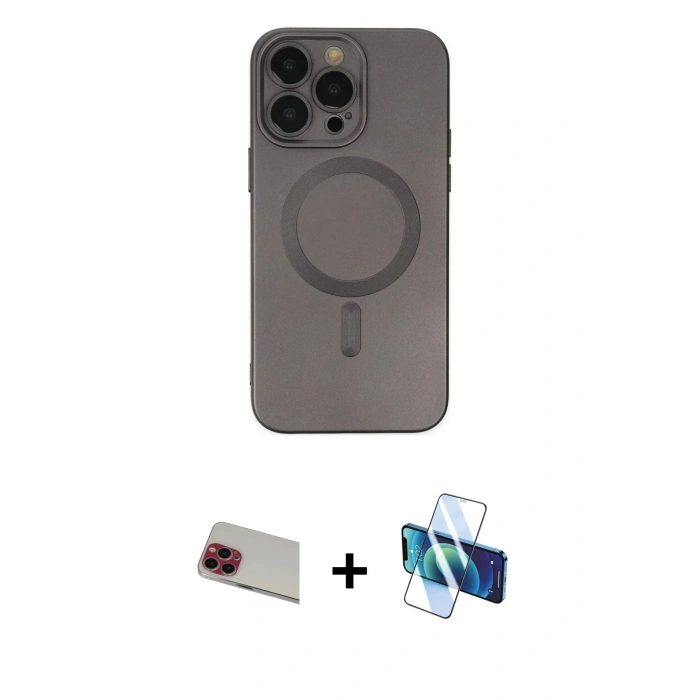 MARSİLYAN™- iPhone 13 Pro Max Kılıf Akış Minimal Özel Seri - Siyah 3D Antistatik Cam Ekran Koruyucu + Rainbow Kamera Lens Koruma Cam - KI