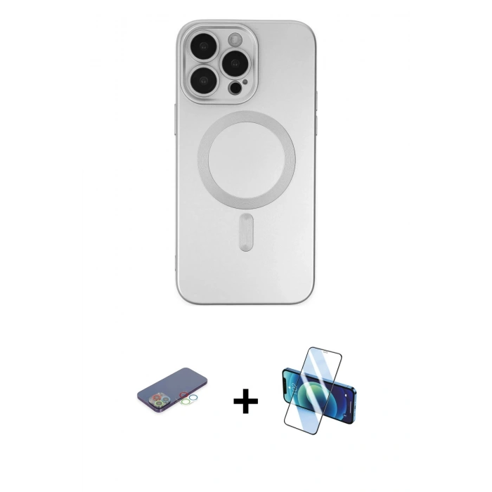 MARSİLYAN™- iPhone 13 Pro Max Kılıf Akış Minimal Özel Seri - Siyah 3D Antistatik Cam Ekran Koruyucu + Renkli Kamera Lens Koruma Cam - MI