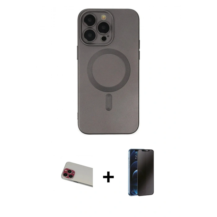 MARSİLYAN™- iPhone 13 Pro Max Kılıf Akış Minimal Özel Seri - Siyah 3D Antistatik Hayalet Cam Ekran Koruyucu + Rainbow Kamera Lens Koruma Cam - KI