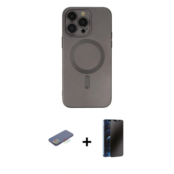 MARSİLYAN™- iPhone 13 Pro Max Kılıf Akış Minimal Özel Seri - Siyah 3D Antistatik Hayalet Cam Ekran Koruyucu + Renkli Kamera Lens Koruma Cam - MI