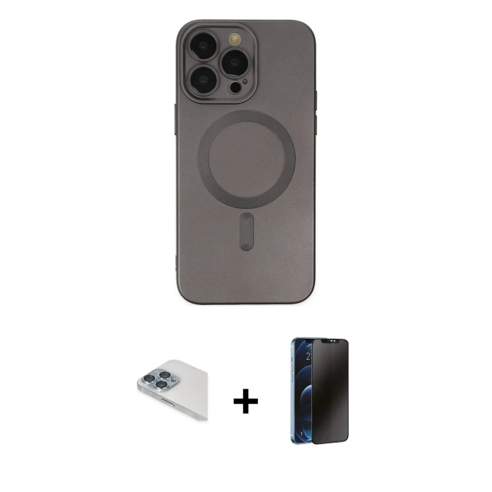 MARSİLYAN™- iPhone 13 Pro Max Kılıf Akış Minimal Özel Seri - Siyah 3D Antistatik Hayalet Cam Ekran Koruyucu + Pers Alüminyum Kamera Lens - SABE