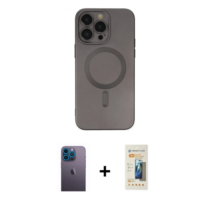 MARSİLYAN™- iPhone 13 Pro Max Kılıf Akış Minimal Özel Seri - Siyah 6D Mat Seramik Hayalet Nano Ekran Koruyucu + Mavi Neon Fosforlu Kamera Lens
