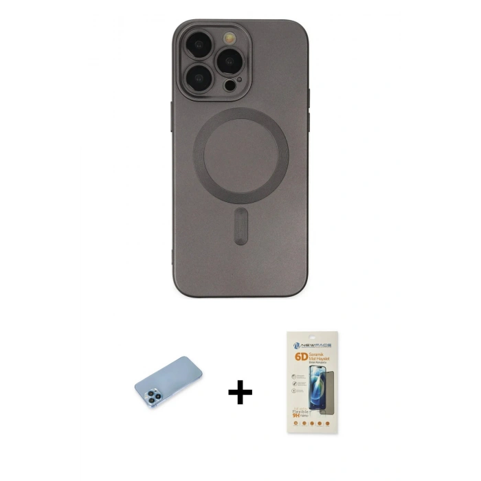 MARSİLYAN™- iPhone 13 Pro Max Kılıf Akış Minimal Özel Seri - Siyah 6D Mat Seramik Hayalet Nano Ekran Koruyucu + Shine Kamera Lens Koruma Cam - MI