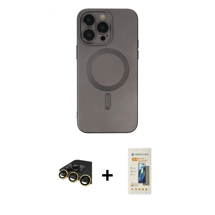 MARSİLYAN™- iPhone 13 Pro Max Kılıf Akış Minimal Özel Seri - Siyah 6D Mat Seramik Hayalet Nano Ekran Koruyucu + Raze Metal Kamera Lens - GD