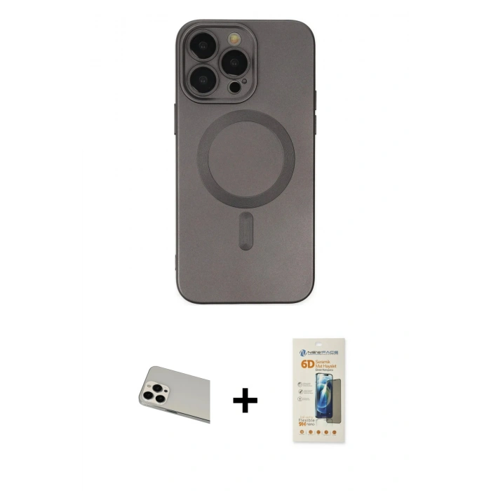 MARSİLYAN™- iPhone 13 Pro Max Kılıf Akış Minimal Özel Seri - Siyah 6D Mat Seramik Hayalet Nano Ekran Koruyucu + Rainbow Kamera Lens Koruma Cam - BZ