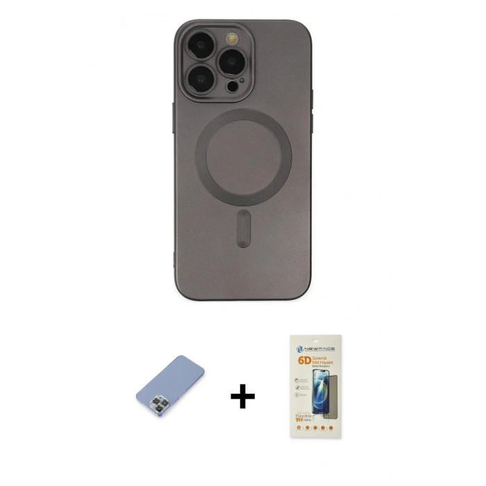 MARSİLYAN™- iPhone 13 Pro Max Kılıf Akış Minimal Özel Seri - Siyah 6D Mat Seramik Hayalet Nano Ekran Koruyucu + Koyu Yeşil Metal Kamera Lens Koruma Cam