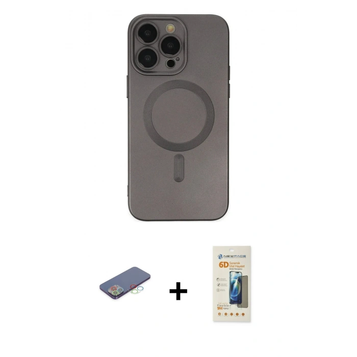 MARSİLYAN™- iPhone 13 Pro Max Kılıf Akış Minimal Özel Seri - Siyah 6D Mat Seramik Hayalet Nano Ekran Koruyucu + Renkli Kamera Lens Koruma Cam - MI