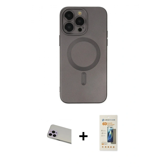 MARSİLYAN™- iPhone 13 Pro Max Kılıf Akış Minimal Özel Seri - Siyah 6D Mat Seramik Hayalet Nano Ekran Koruyucu + Rainbow Kamera Lens Koruma Cam - MR