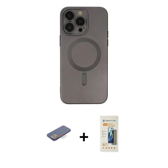 MARSİLYAN™- iPhone 13 Pro Max Kılıf Akış Minimal Özel Seri - Siyah 6D Mat Seramik Hayalet Nano Ekran Koruyucu + Renkli Kamera Lens Koruma Cam - PE
