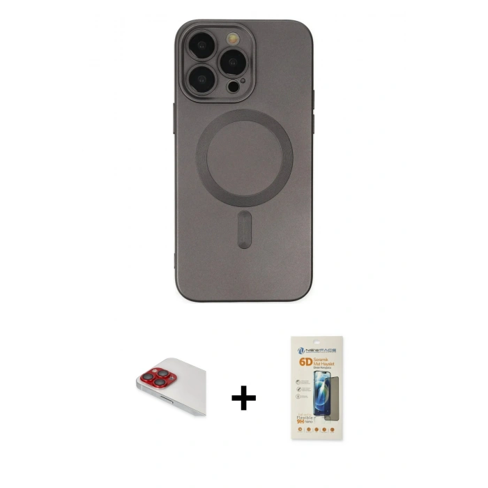 MARSİLYAN™- iPhone 13 Pro Max Kılıf Akış Minimal Özel Seri - Siyah 6D Mat Seramik Hayalet Nano Ekran Koruyucu + Kırmızı Pers Alüminyum Kamera Lens