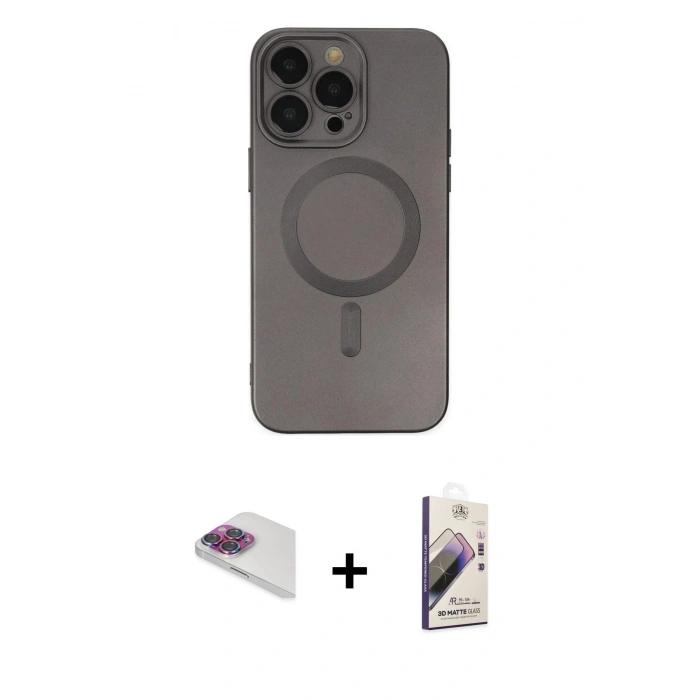 MARSİLYAN™- iPhone 13 Pro Max Kılıf Akış Minimal Özel Seri - Siyah Bilvis 3D Mat Cam Ekran Koruyucu + Pers Alüminyum Kamera Lens - GI
