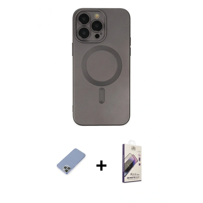 MARSİLYAN™- iPhone 13 Pro Max Kılıf Akış Minimal Özel Seri - Siyah Bilvis 3D Mat Cam Ekran Koruyucu + Metal Kamera Lens Koruma Cam - KUYL