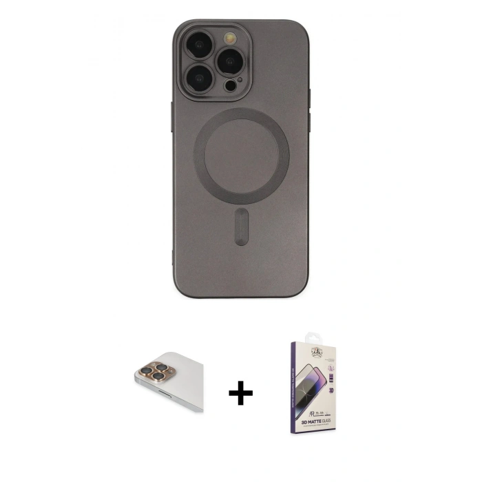 MARSİLYAN™- iPhone 13 Pro Max Kılıf Akış Minimal Özel Seri - Siyah Bilvis 3D Mat Cam Ekran Koruyucu + Pers Alüminyum Kamera Lens - GD