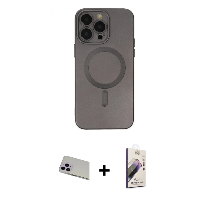 MARSİLYAN™- iPhone 13 Pro Max Kılıf Akış Minimal Özel Seri - Siyah Bilvis 3D Mat Cam Ekran Koruyucu + Rainbow Kamera Lens Koruma Cam - MR
