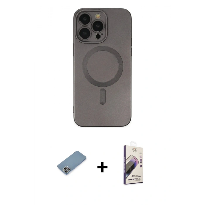 MARSİLYAN™- iPhone 13 Pro Max Kılıf Akış Minimal Özel Seri - Siyah Bilvis 3D Mat Cam Ekran Koruyucu + Shine Kamera Lens Koruma Cam - GI