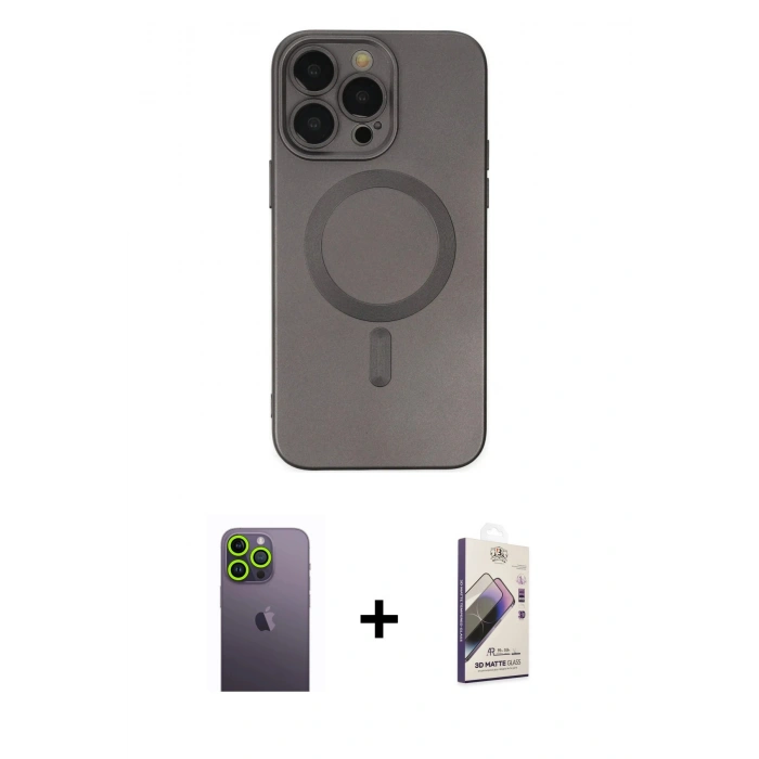 MARSİLYAN™- iPhone 13 Pro Max Kılıf Akış Minimal Özel Seri - Siyah Bilvis 3D Mat Cam Ekran Koruyucu + Neon Fosforlu Kamera Lens - YL