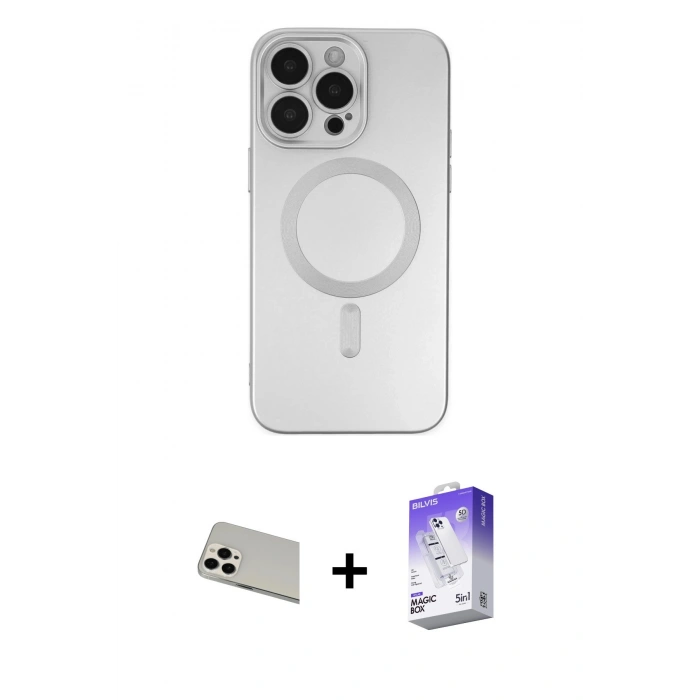 MARSİLYAN™- iPhone 13 Pro Max Kılıf Akış Minimal Özel Seri - Siyah Bilvis 5in1 3D Magic Cam Ekran Koruyucu + Beyaz Rainbow Kamera Lens Koruma Cam
