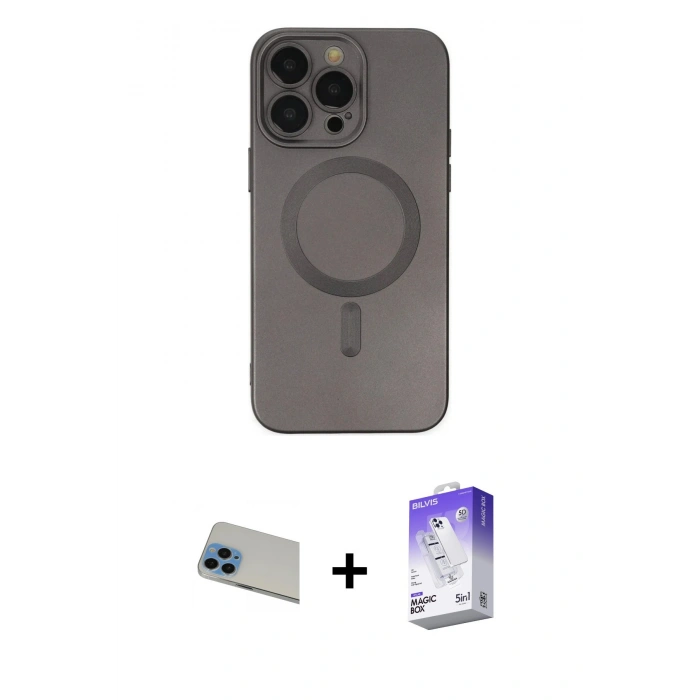 MARSİLYAN™- iPhone 13 Pro Max Kılıf Akış Minimal Özel Seri - Siyah Bilvis 5in1 3D Magic Cam Ekran Koruyucu + Rainbow Kamera Lens Koruma Cam - MI