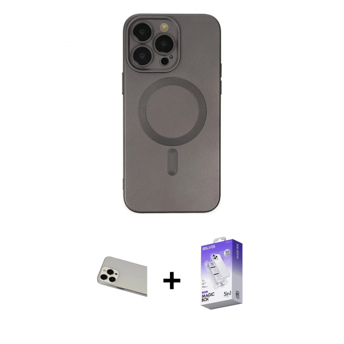 MARSİLYAN™- iPhone 13 Pro Max Kılıf Akış Minimal Özel Seri - Siyah Bilvis 5in1 3D Magic Cam Ekran Koruyucu + Beyaz Rainbow Kamera Lens Koruma Cam