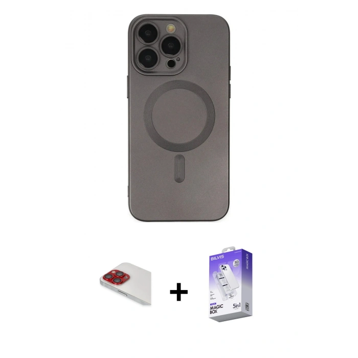 MARSİLYAN™- iPhone 13 Pro Max Kılıf Akış Minimal Özel Seri - Siyah Bilvis 5in1 3D Magic Cam Ekran Koruyucu + Pers Alüminyum Kamera Lens - KI