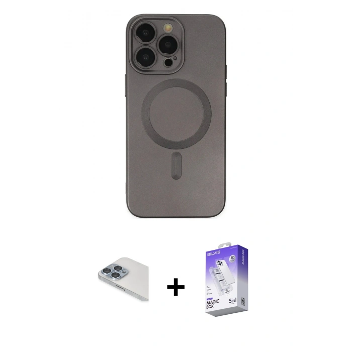 MARSİLYAN™- iPhone 13 Pro Max Kılıf Akış Minimal Özel Seri - Siyah Bilvis 5in1 3D Magic Cam Ekran Koruyucu + Pers Alüminyum Kamera Lens - SABE