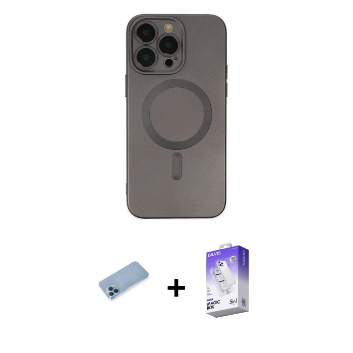 MARSİLYAN™- iPhone 13 Pro Max Kılıf Akış Minimal Özel Seri - Siyah Bilvis 5in1 3D Magic Cam Ekran Koruyucu + Shine Kamera Lens Koruma Cam - MI