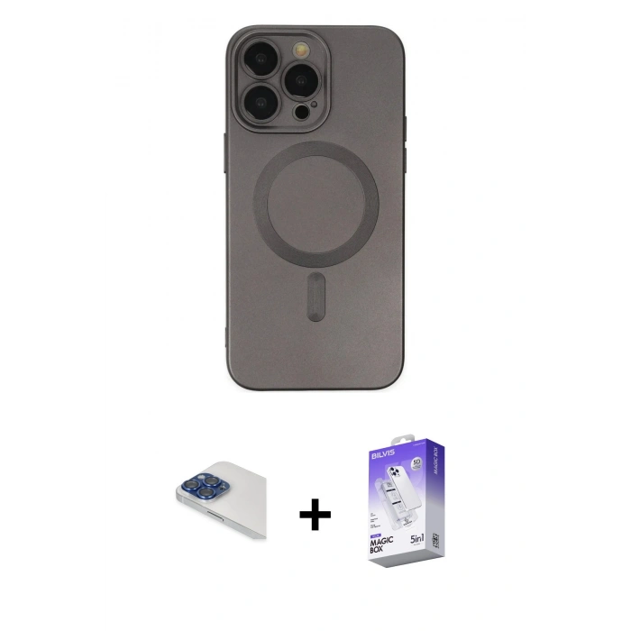 MARSİLYAN™- iPhone 13 Pro Max Kılıf Akış Minimal Özel Seri - Siyah Bilvis 5in1 3D Magic Cam Ekran Koruyucu + Pers Alüminyum Kamera Lens - LT