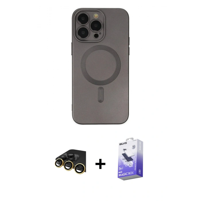 MARSİLYAN™- iPhone 13 Pro Max Kılıf Akış Minimal Özel Seri - Siyah Bilvis 5in1 5D Magic Hayalet Cam Ekran Koruyucu + Raze Metal Kamera Lens - GD