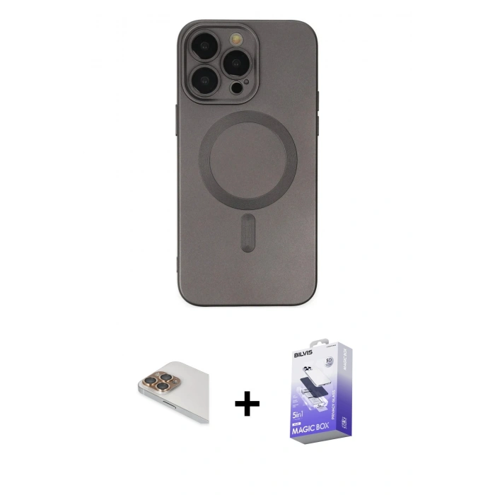 MARSİLYAN™- iPhone 13 Pro Max Kılıf Akış Minimal Özel Seri - Siyah Bilvis 5in1 5D Magic Hayalet Cam Ekran Koruyucu + Pers Alüminyum Kamera Lens - GD
