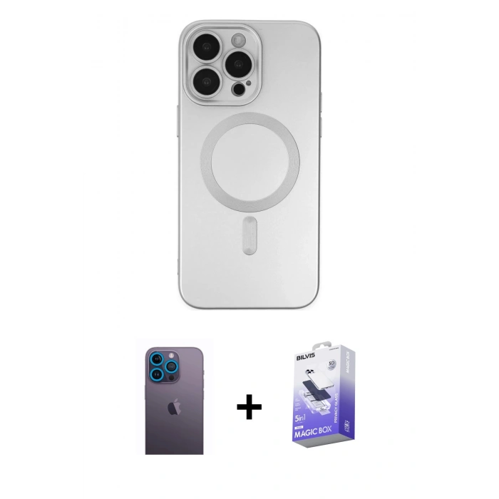 MARSİLYAN™- iPhone 13 Pro Max Kılıf Akış Minimal Özel Seri - Siyah Bilvis 5in1 5D Magic Hayalet Cam Ekran Koruyucu + Mavi Neon Fosforlu Kamera Lens