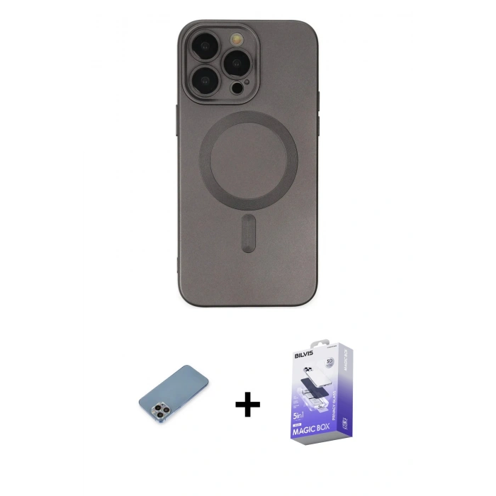 MARSİLYAN™- iPhone 13 Pro Max Kılıf Akış Minimal Özel Seri - Siyah Bilvis 5in1 5D Magic Hayalet Cam Ekran Koruyucu + Shine Kamera Lens Koruma Cam - GI