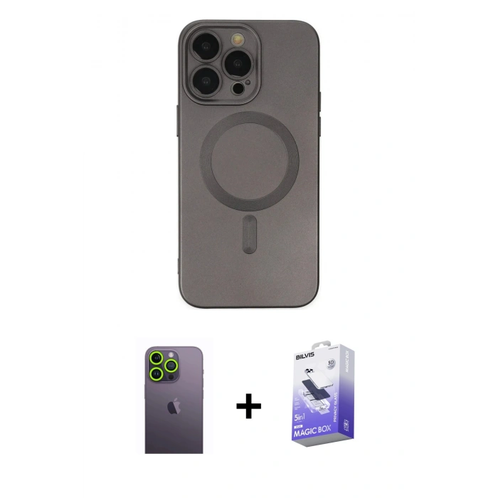 MARSİLYAN™- iPhone 13 Pro Max Kılıf Akış Minimal Özel Seri - Siyah Bilvis 5in1 5D Magic Hayalet Cam Ekran Koruyucu + Yeşil Neon Fosforlu Kamera Lens