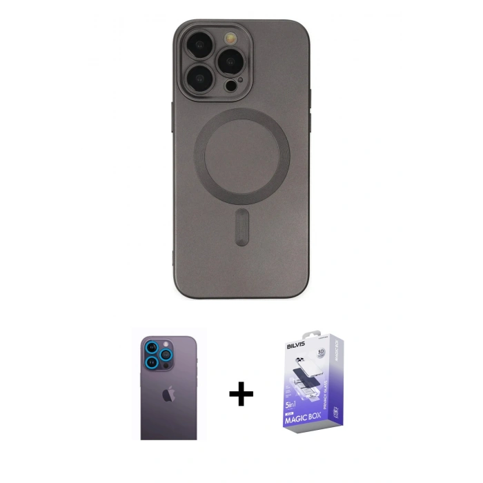 MARSİLYAN™- iPhone 13 Pro Max Kılıf Akış Minimal Özel Seri - Siyah Bilvis 5in1 5D Magic Hayalet Cam Ekran Koruyucu + Mavi Neon Fosforlu Kamera Lens