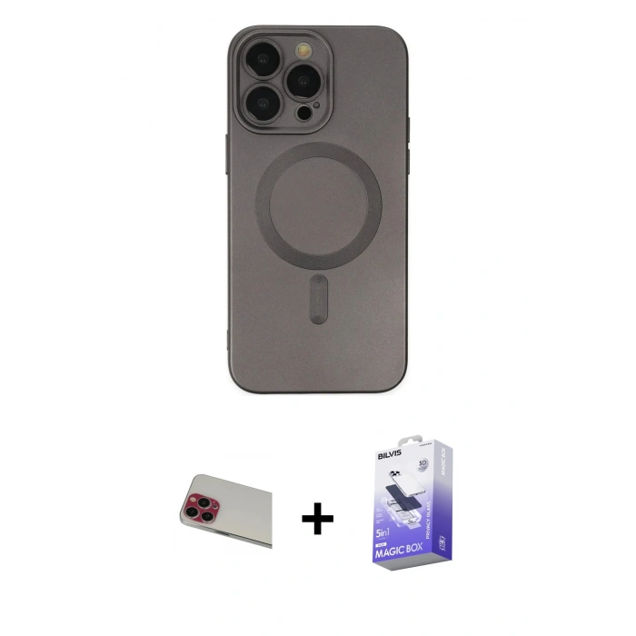 MARSİLYAN™- iPhone 13 Pro Max Kılıf Akış Minimal Özel Seri - Siyah Bilvis 5in1 5D Magic Hayalet Cam Ekran Koruyucu + Rainbow Kamera Lens Koruma Cam - KI
