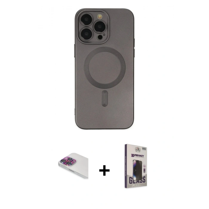 MARSİLYAN™- iPhone 13 Pro Max Kılıf Akış Minimal Özel Seri - Siyah Bilvis Hayalet Cam Ekran Koruyucu + Gökkuşağı Pers Alüminyum Kamera Lens
