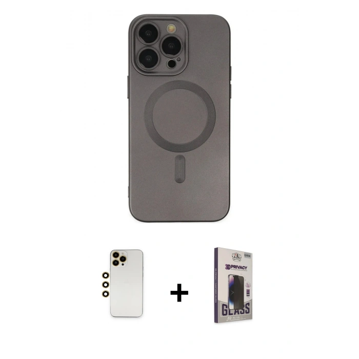 MARSİLYAN™- iPhone 13 Pro Max Kılıf Akış Minimal Özel Seri - Siyah Bilvis Hayalet Cam Ekran Koruyucu + Gold Shine Kamera Lens