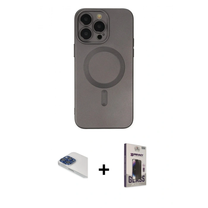 MARSİLYAN™- iPhone 13 Pro Max Kılıf Akış Minimal Özel Seri - Siyah Bilvis Hayalet Cam Ekran Koruyucu + Pers Alüminyum Kamera Lens - LT