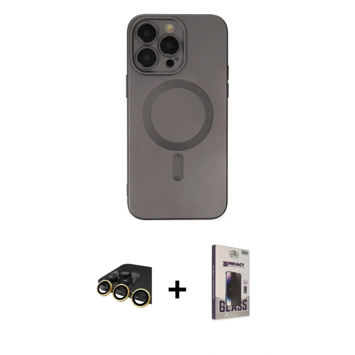 MARSİLYAN™- iPhone 13 Pro Max Kılıf Akış Minimal Özel Seri - Siyah Bilvis Hayalet Cam Ekran Koruyucu + Raze Metal Kamera Lens - GD