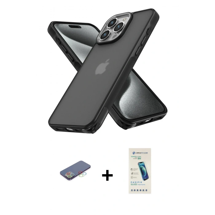 MARSİLYAN™- iPhone 13 Pro Max Kılıf Atlas Form - Şeffaf Pasifik Cam Ekran Koruyucu + Mavi Renkli Kamera Lens Koruma Cam