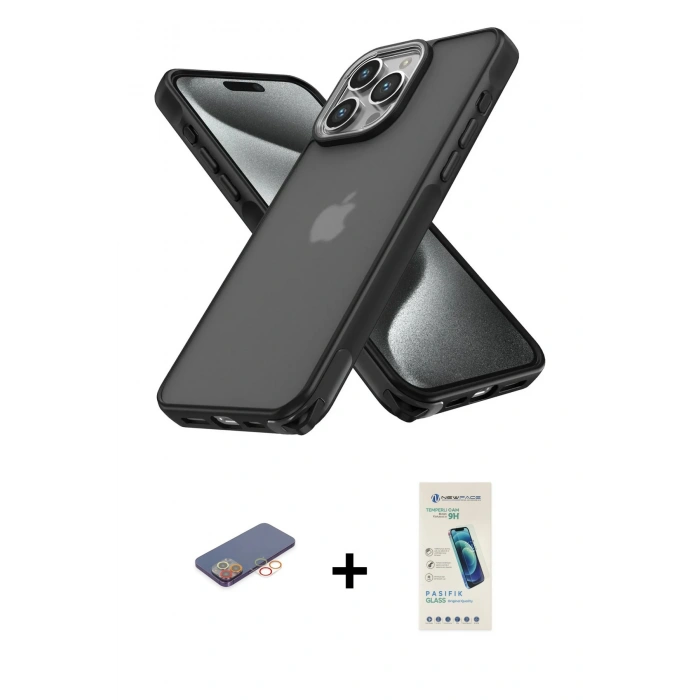 MARSİLYAN™- iPhone 13 Pro Max Kılıf Atlas Form - Şeffaf Pasifik Cam Ekran Koruyucu + Turuncu Renkli Kamera Lens Koruma Cam