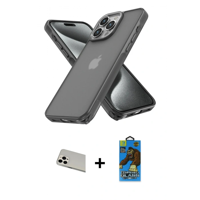 MARSİLYAN™- iPhone 13 Pro Max Kılıf Atlas Form - Siyah 18D Cam Ekran Koruyucu + Rainbow Kamera Lens Koruma Cam - BZ