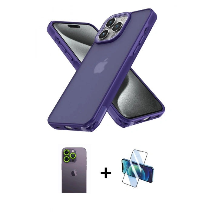 MARSİLYAN™- iPhone 13 Pro Max Kılıf Atlas Form - Siyah 3D Antistatik Cam Ekran Koruyucu + Neon Fosforlu Kamera Lens - YL