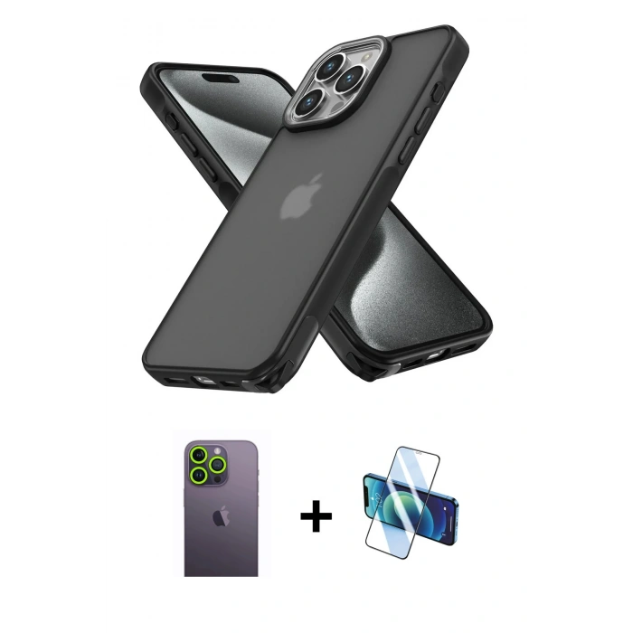MARSİLYAN™- iPhone 13 Pro Max Kılıf Atlas Form - Siyah 3D Antistatik Cam Ekran Koruyucu + Neon Fosforlu Kamera Lens - YL