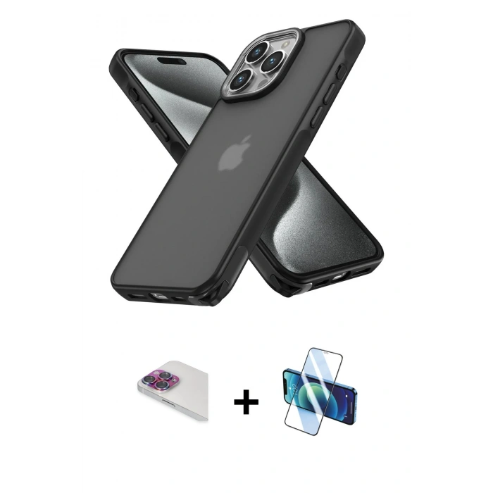 MARSİLYAN™- iPhone 13 Pro Max Kılıf Atlas Form - Siyah 3D Antistatik Cam Ekran Koruyucu + Pers Alüminyum Kamera Lens - GI