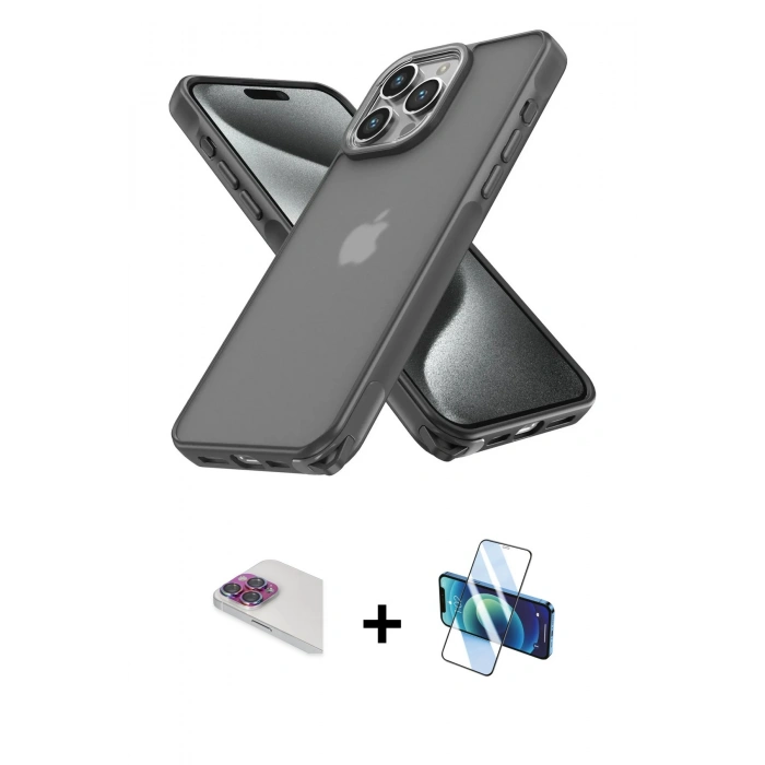 MARSİLYAN™- iPhone 13 Pro Max Kılıf Atlas Form - Siyah 3D Antistatik Cam Ekran Koruyucu + Pers Alüminyum Kamera Lens - GI